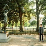 Curator Paul Farber poses with Philadelphia's 8-foot-tall Rocky Balboa statue.