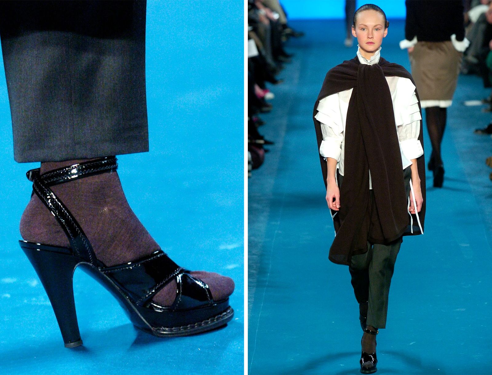 Image may contain clothing, footwear, shoes, high heels, people, coats, sandals, adult faces and heads