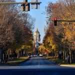 SOUTH BEND, IN - NOVEMBER 7: A panoramic view of the entrance to the University of Notre Dame campus before the game between the Notre Dame Fighting Irish and Clemson Tigers at Notre Dame Stadium on November 7, 2020 in South Bend, Indiana. (Photo by Matt Cashore-Pool/Getty Images)