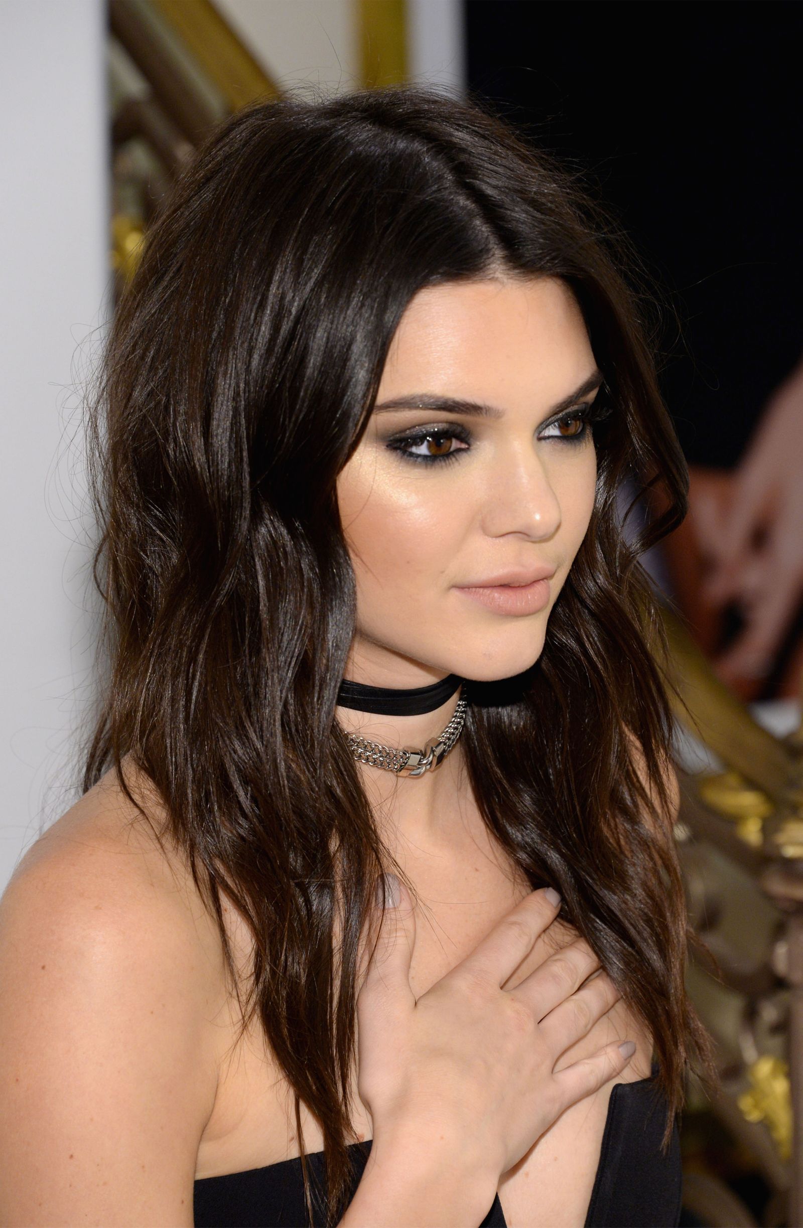 Image may contain Kendall Jenner adult, brunette, hair, face, accessories, jewelry and necklaces