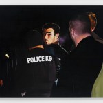A painting of a man being led away by police.