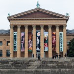 From the front of the museum, there are stairs extending down from the front.