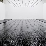 A pool of black water with water droplets falling into it.