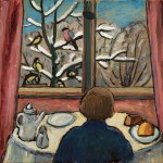 A vivid scene of a man sitting at the breakfast table looking out the window. We see the back of the man's head, with short brown hair, a pitcher and cake on the table, and birds perched in the snowy trees outside.