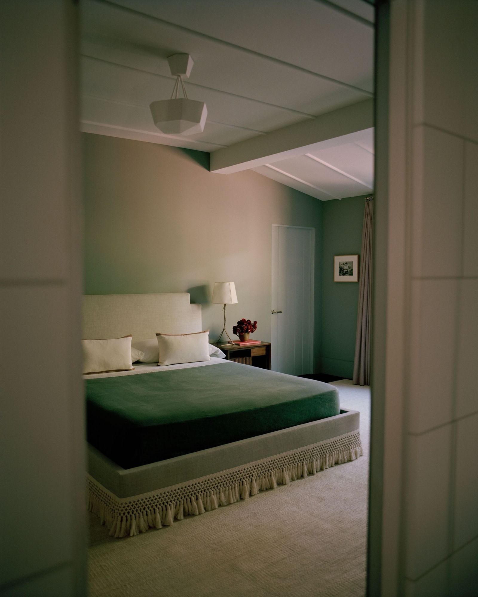 Image may contain corner lamp, bed, furniture, art painting, interior interior design, bedroom and home decoration