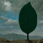 A painting showing a tree with just one giant leaf standing in a mountain landscape under a cloudy sky