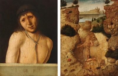 Two side-by-side images of a shirtless young Christ in agony on the left and a small figure kneeling in a brown desert landscape on the right
