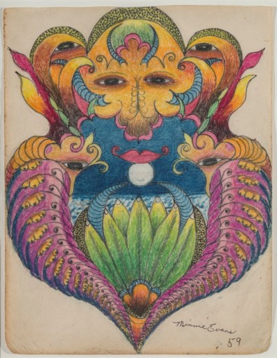 Minnie Evans, Untitled (Red Lips on Moon), 1959