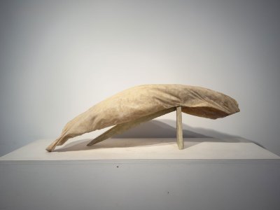 A sculpture that looks like fabric tumbling in the sky. 