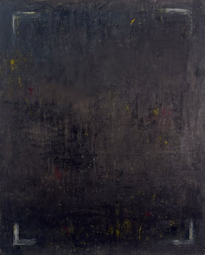 It is an artwork composed of layers of pastels and oil sticks, almost black, with flecks of yellow and red. 