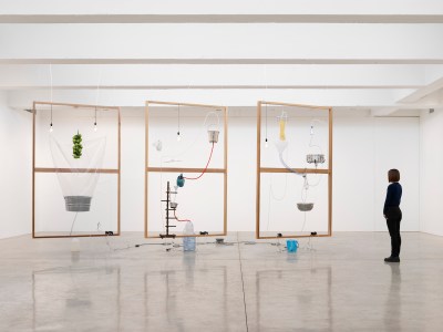 A person stares at three suspended frame-like structures in which instruments, fruit, and other objects are hung.