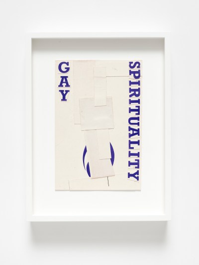 It's a collage of white papers stacked on top of each other with the words 