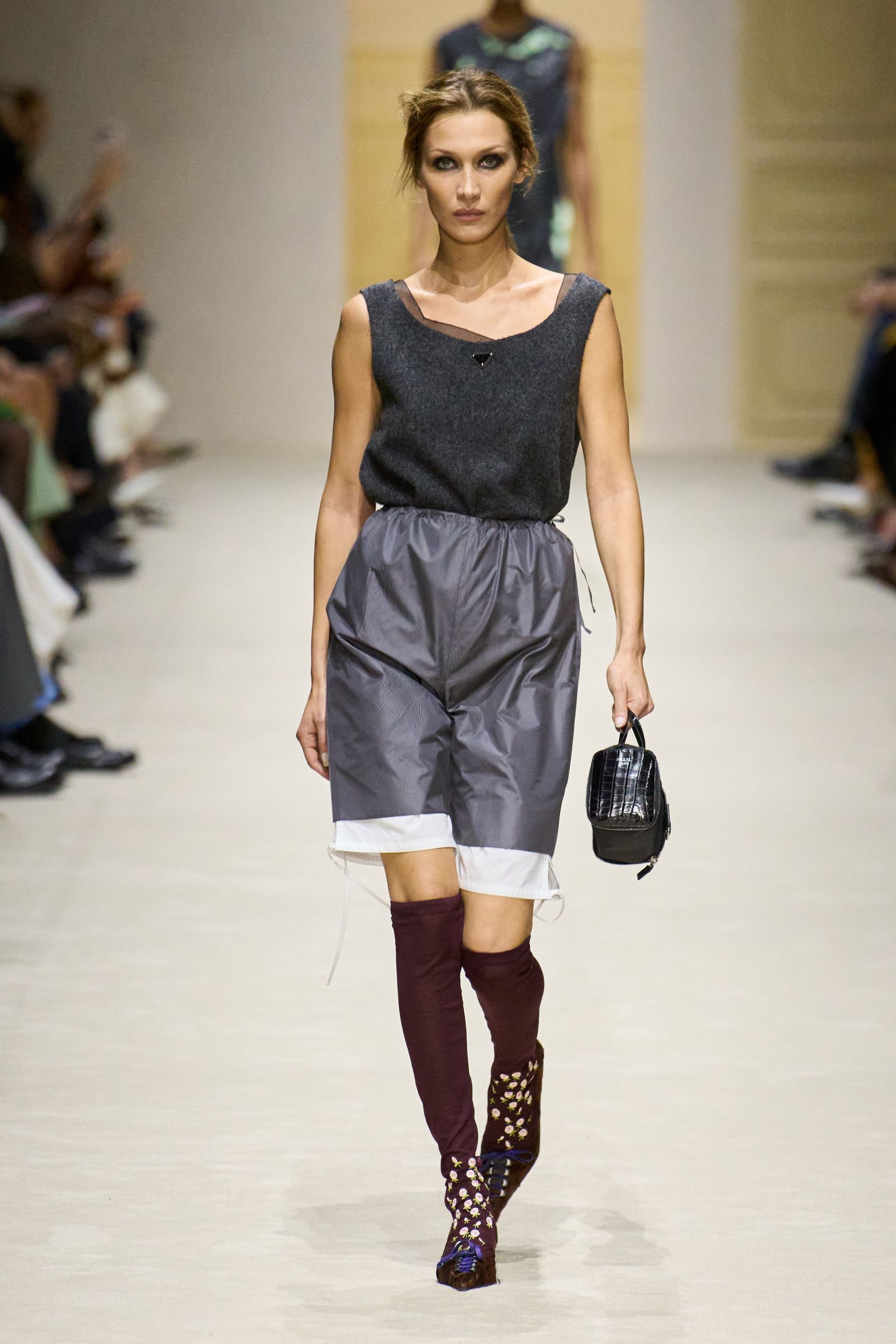 Image may contain Bella Hadid clothing, shorts, fashion adult face and head