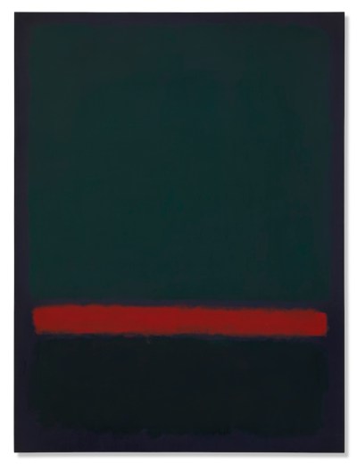 Abstract painting by Rothko with violet, navy blue background, dark green top two thirds of a rectangle, a red line and dark green bottom third of the rectangle.