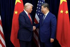 U.S. President Donald Trump shakes hands with Chinese President Xi Jinping during a bilateral meeting