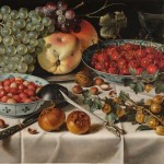 A Dutch still life showing fruits such as strawberries and cherries in porcelain bowls on a tabletop