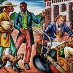 A long mural depicts a group of people lining up to enroll at Talladega College.