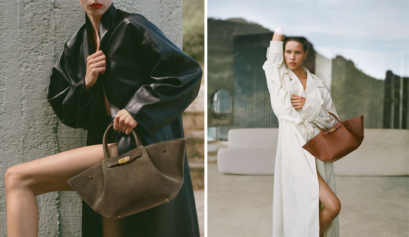 Image may contain clothing, outerwear, accessories, bag, handbag, long sleeves, sleeves, fashion wallet, jacket and people