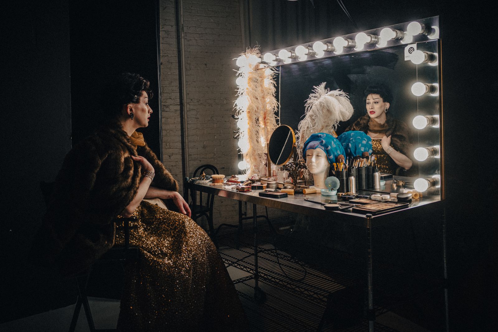 Image may contain face and head of adult wedding in dressing room interior