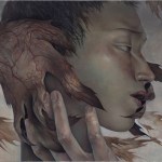 The painting depicts a lonely-looking man holding a leaf to his cheek.