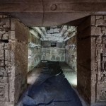 The threshold leading to the tomb has Zapotec decorations carved into the stone.