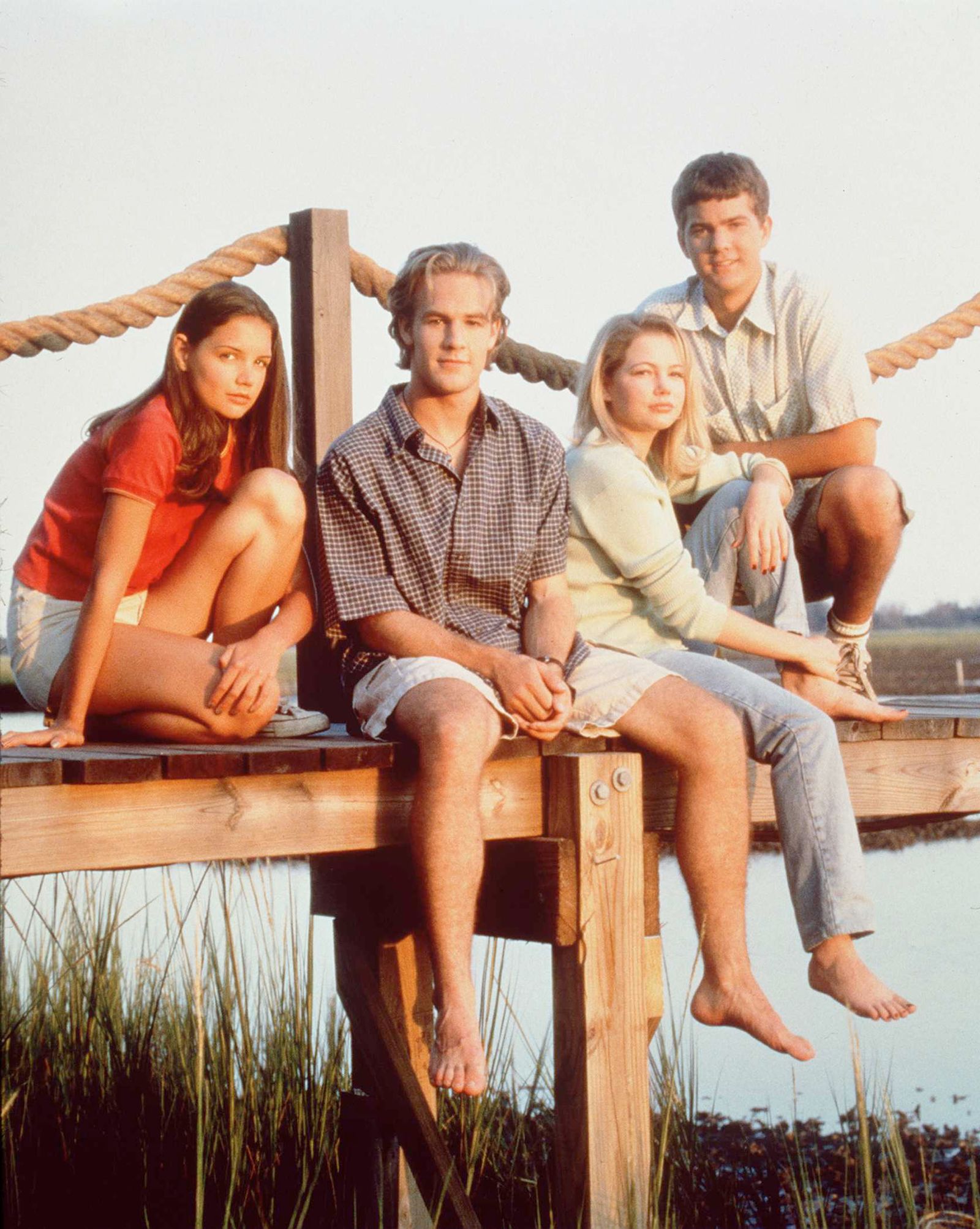 Image may contain James Van Der Beek Katie Holmes Joshua Jackson Michelle Williams Waterfront and Barefoot