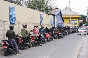 Motorists queue at a Nepal Police gas station in Kathmandu, Nepal, March 3, 2026 amid rumors that escalating tensions and military strikes involving Iran, Israel and the United States could lead to fuel shortages