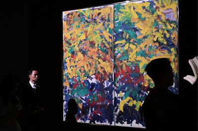 this painting "la grande valley seven" Works by American artist Joan Mitchell are on display at the media preview of the prestigious abstract art auction held at Sutherby Auction House in Hong Kong on March 20, 2026. (Photo by Peter PARKS/AFP via Getty Images)/Editorial use only - mention of the artist must be included in the publication - to illustrate the event specified in the title