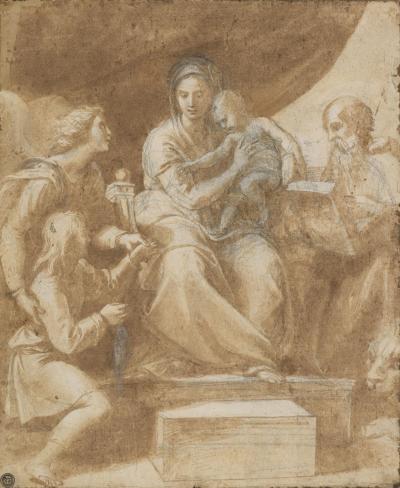 Raphael, Study for the Virgin and Child (Madonna of the Fishes) with Raphael, Tobias and St. Jerome (1512-14)