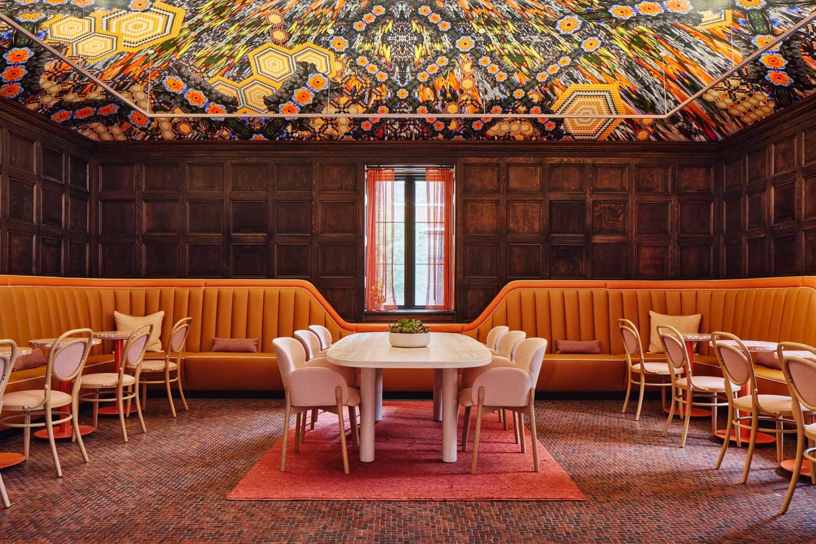 Image may contain furniture, table, interior, interior design, home decor, architecture, architecture and restaurant