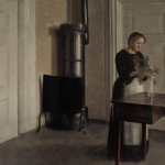 A painting of a woman arranging flowers near a wood-burning stove.