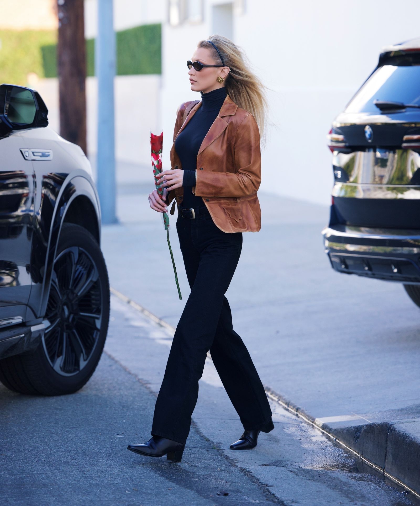 Bella Hadid went to Milk Studio for a photo shoot wearing a fashionable retro leather jacket