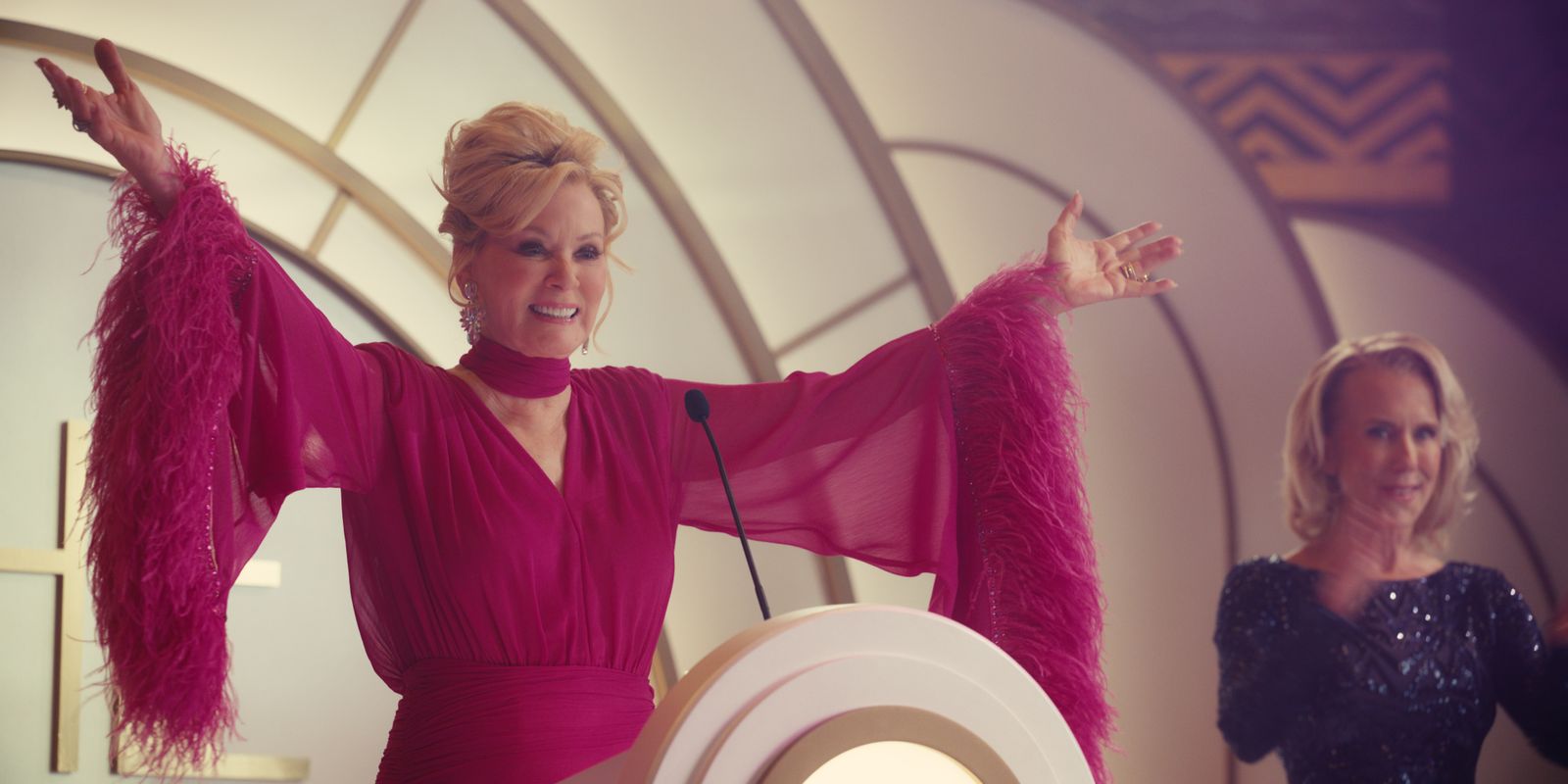 Images may contain Jean Smart Purple adult clothing, dresses, shirts, face, head photography and portraits