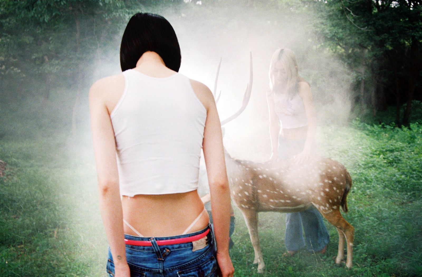 Image may contain back, body parts, people, clothing, pants, animals, deer, mammals, wildlife, t-shirts, faces and heads