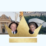 Two small round photos of men in suits with gold crowns and two museum exteriors in the background