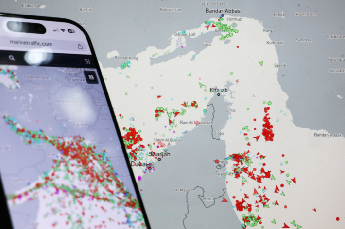 Marine traffic map shows current ship traffic in the Strait of Hormuz