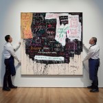 Two men held up a painting covered in scrawled text.