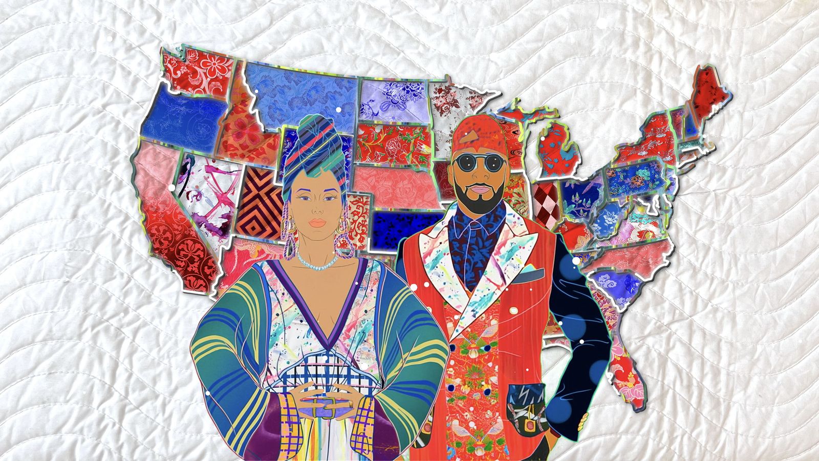 Image may contain art, appliqués, patterns, modern art, adult collages, formal wear, faces, heads, people and clothing