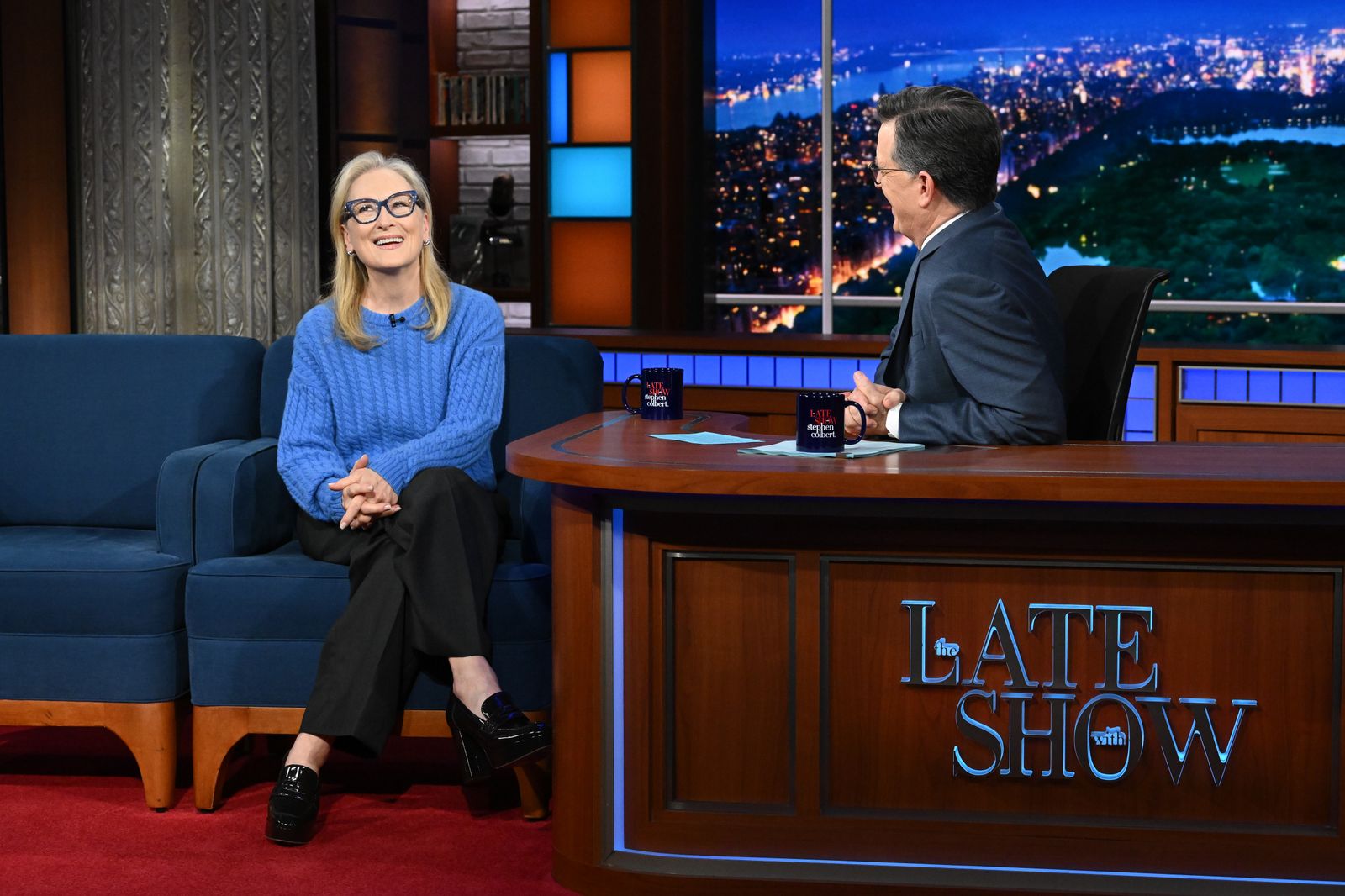 Image may contain Meryl Streep Stephen Colbert Conversation Person Adult Interview Clothing Footwear and High Heels