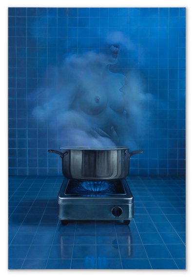 Painting of metal pot on portable burner. Steam rises from the pot, showing a man sucking a woman's breast. It's located in an all-blue tiled space.