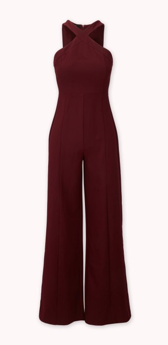 Burgundy jumpsuit.