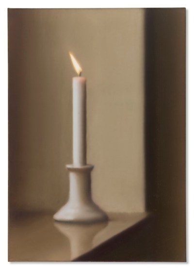 A blurry painting depicting a lit candle in a domestic space. 