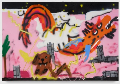 A painting showing an orange dragon and a brown dog on a pink background