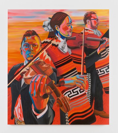 A stylized painting in red and orange tones shows a mariachi band performing