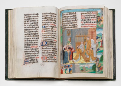 A medieval book with Latin text and on the opposite page a painting of a ceremony outside a church