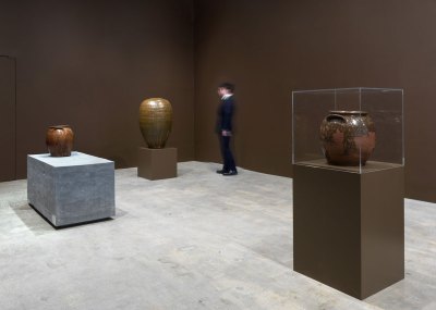 View of the gallery exhibition with ships in the central gallery.