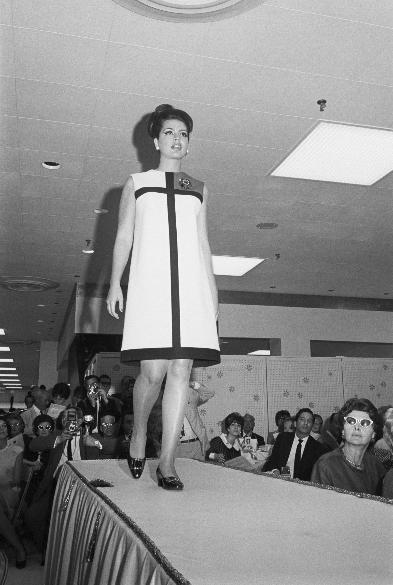 Ira Furstenburg models one of the Yves St. Laurent Mondrian dresses