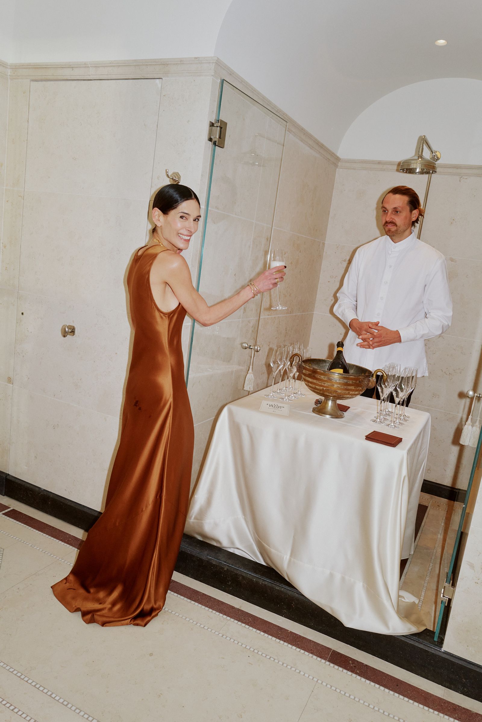 Image may contain Viktoria Haralabidou adult wedding basin, clothing, dress, body parts and hands