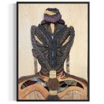 A wall-mounted mixed media artwork showing the back of a black woman's head with braids.
