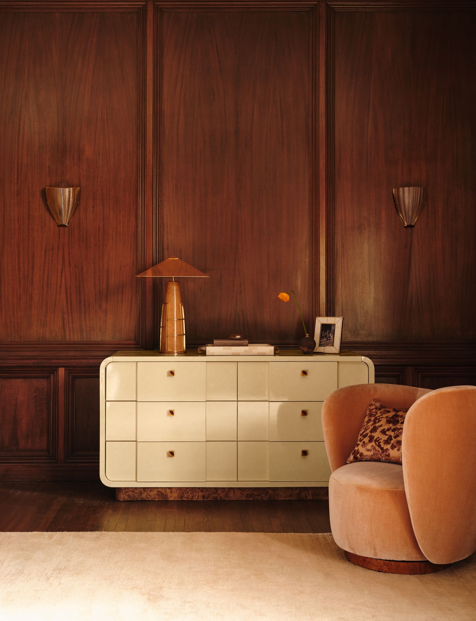 Images may contain interior interior design, furniture, sideboards, drawers, lamps, chairs, art and paintings